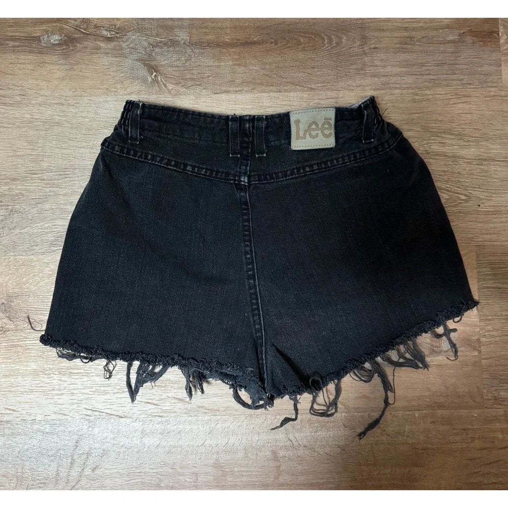 Vintage Lee Denim Shorts Distressed Frayed Black Elastic Waist Women's Size‎ 12